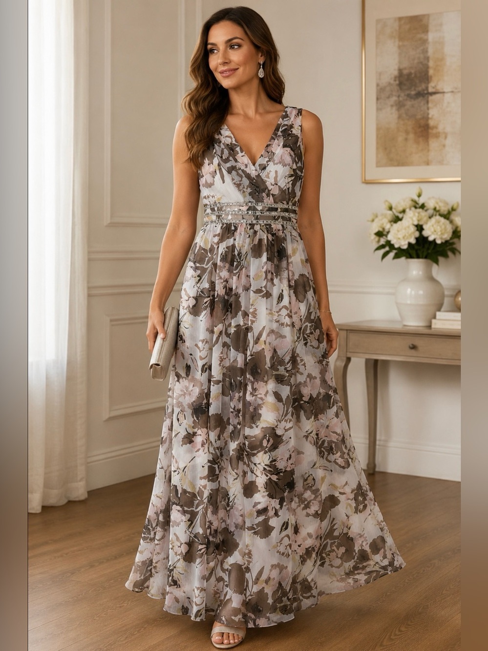 R&M Richards Floral Chiffon Maxi Dress Beaded Waist V Neck Size 6 NWT